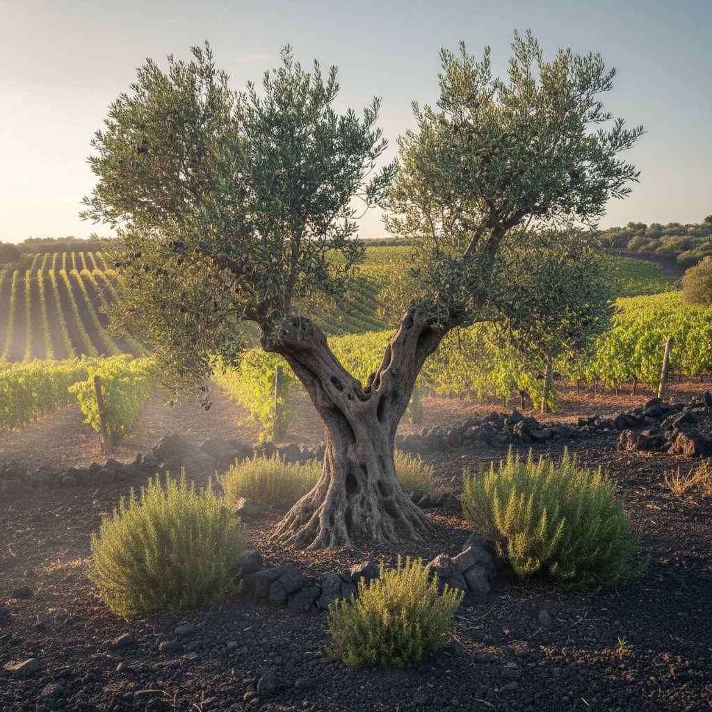 Alt Text: Close-up of a gnarled olive tree trunk, with green vegetation surrounding the base, set against a backdrop of la...