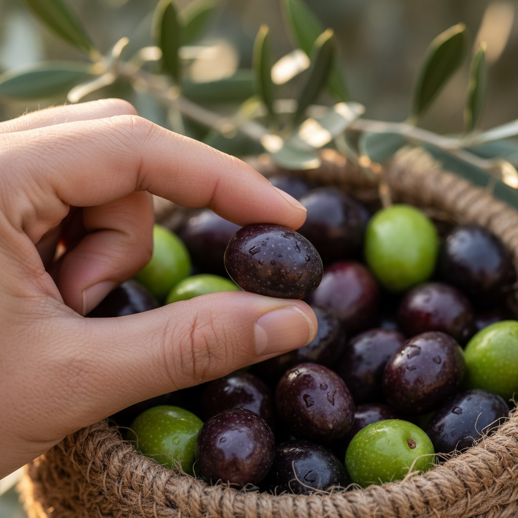 Una mano che poggia su alcune olive nere e blu mentre paragona la consistenza sulla corteccia di una o e mezzo dozzine di ...
